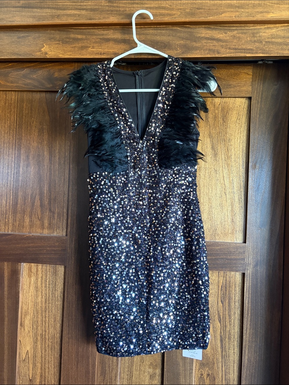 SHEIN Black Sequin Feather-Trim V-Neck Mini Dress
